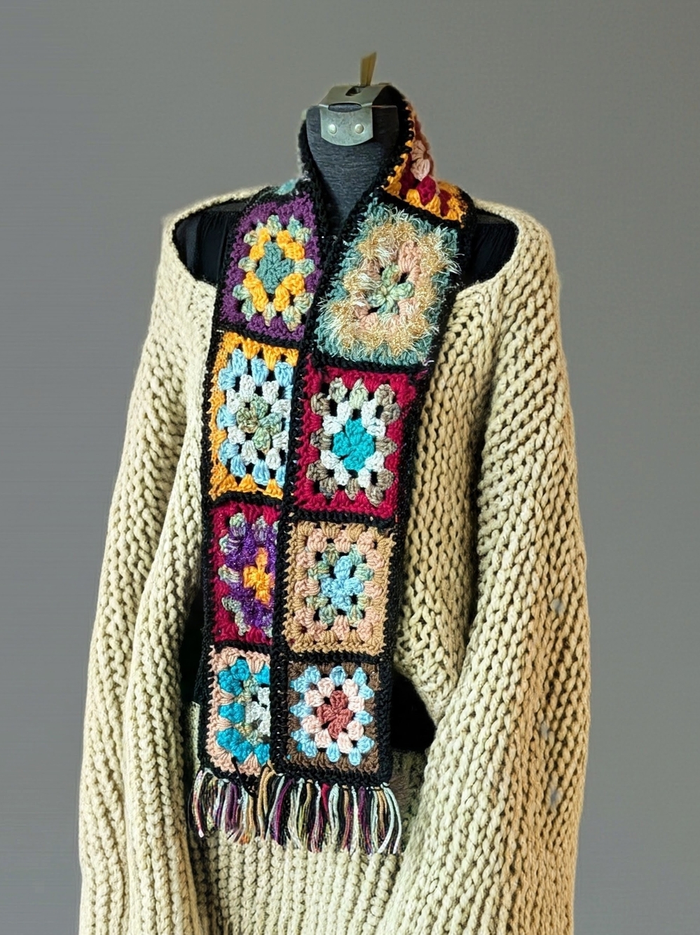 EUC Handmade Crochet Granny Square Scarf Boho Chunky Patchwork Fringe 6"x60" - Picture 3 of 7